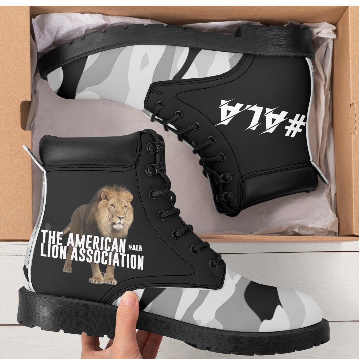 ALA Lion heart Men's All Season Leather Boots (Black/White/Grey Camo)