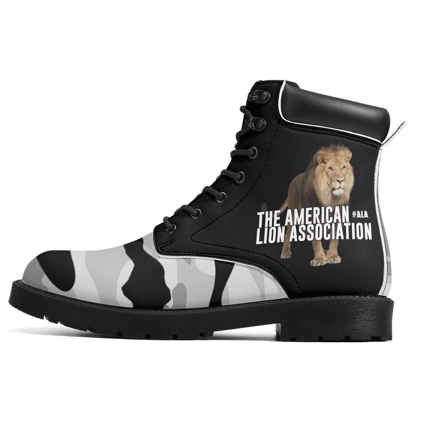 ALA Lion heart Men's All Season Leather Boots (Black/White/Grey Camo)