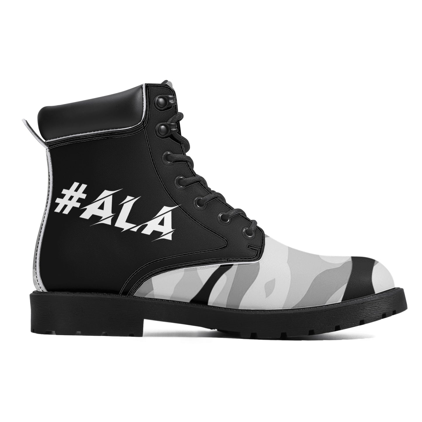 ALA Lion heart Men's All Season Leather Boots (Black/White/Grey Camo)