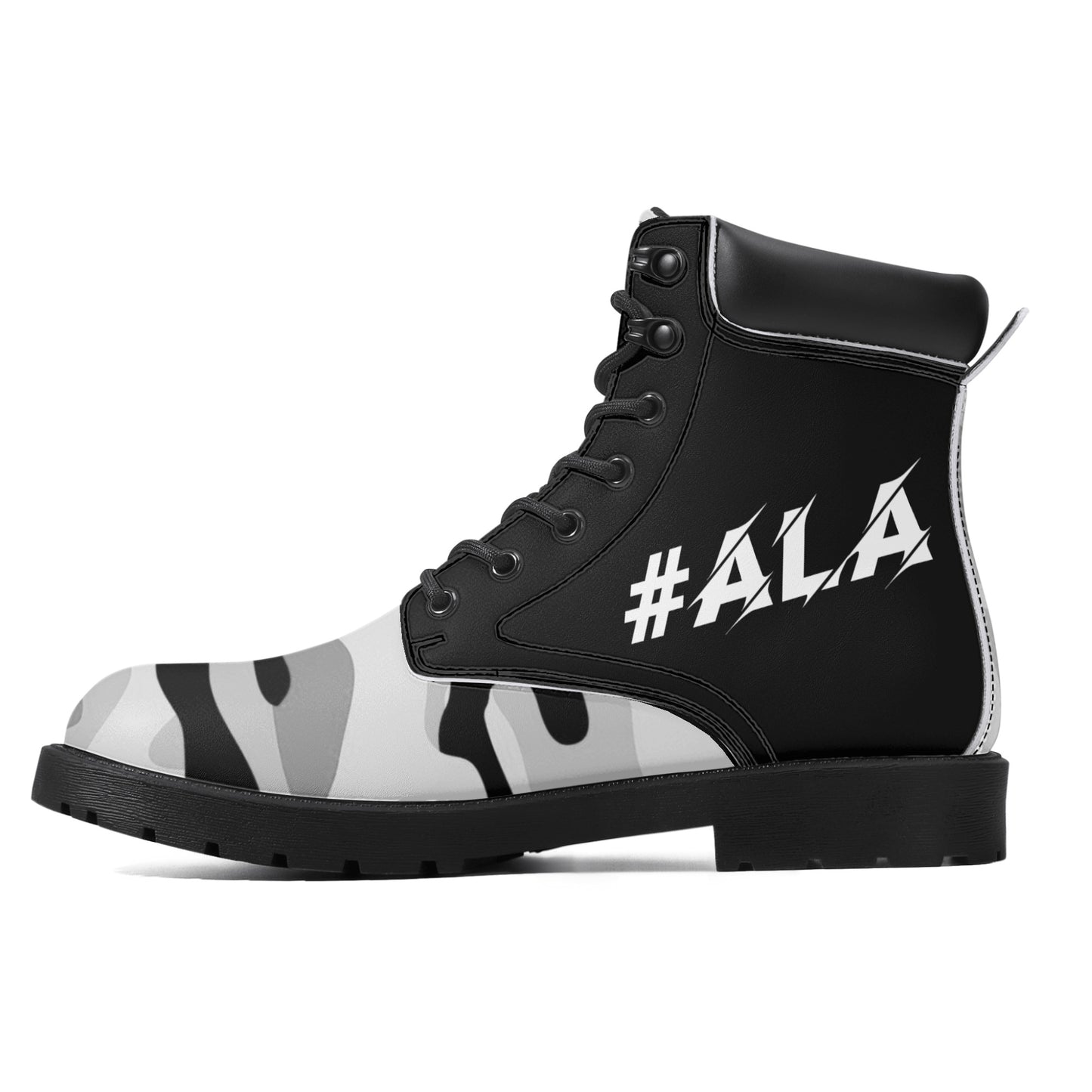 ALA Lion heart Men's All Season Leather Boots (Black/White/Grey Camo)