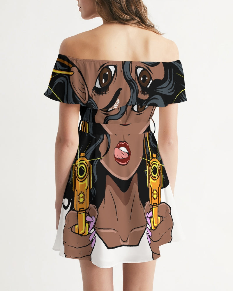 Pretty-Goon-2-gold-guns Women's Off-Shoulder Dress