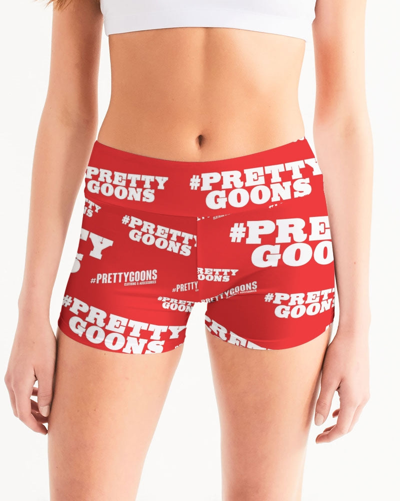Pretty Goons Duped Red Women's Mid-Rise Yoga Shorts